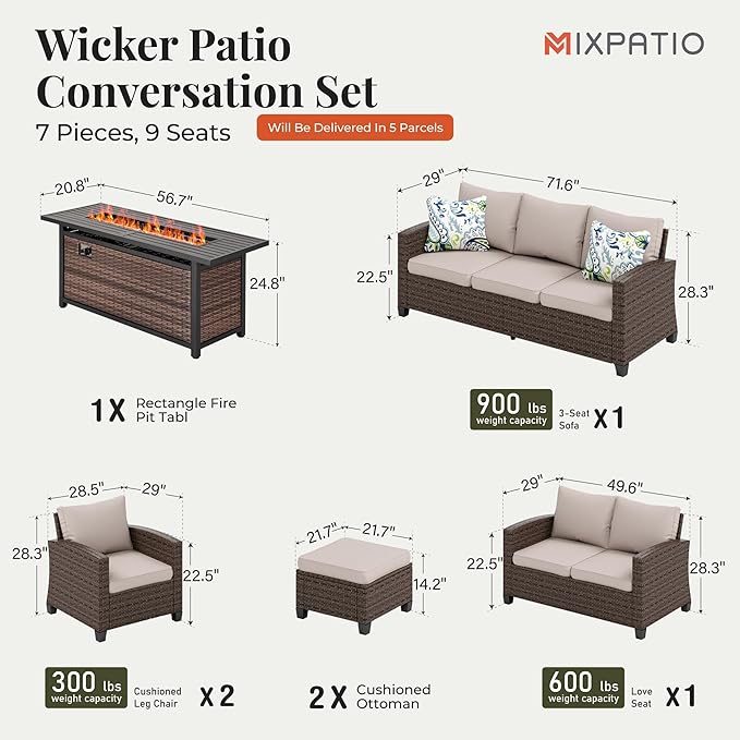 Patio Furniture Set, 7 Pcs Wicker Outdoor Conversation Set, 2 x Leg Chairs, 1 x 3 Seater Sofa, 1 x 2-Seat Lover Sofa and 2 x Ottomans with 4" Thick Cushion and 56" Fire Pit Table, Beige