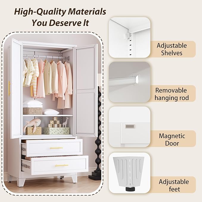 Metal Wardrobe Storage Cabinet with Mirror and Hanging Rod,71'' Metal Clothing Cabinet with 2 Doors and 2 Drawers and Adjustable Shelves for Bedroom, Laundry Room, Cloak Room (White)