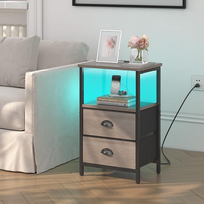 sthmec Nightstand with Charging Station, LED Night Stand with 2 Fabric Drawers, Grey Bedside Tables End Table with Drawers, 2-Tier Storage Side Table Nightstand with Drawers for Bedroom, Grey - Image 2