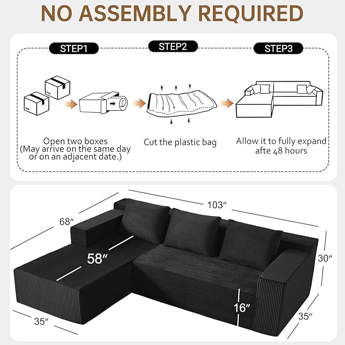 103" Boneless Corduroy Sectional Couch with Left Chaise, Modular L Shaped Black Couches for Living Room, Large Minimalist Modern Deep Seat Floor Sofa Set, No Assembly
