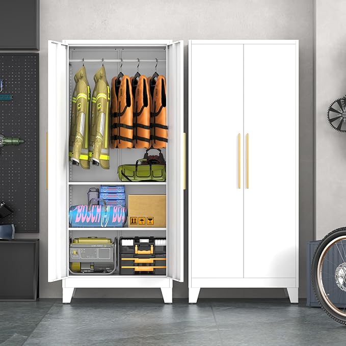 75.3" Tall Metal Armoire Wardrobe Closet with 2 Doors, Adjustable Hanging Rod & 2 Adjustable Shelves, Freestanding Storage Cabinet Organizer for Bedroom, Office, Laundry Room, White