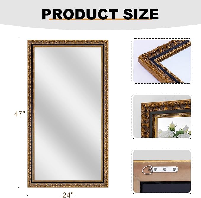 Chende Vintage Wall Mirrors for Decor, 47''x24'' Black and Gold Narrow Mirror for Bathroom with Antique Pattern Carving Wooden Frame, Rectangle Ornate Decor for Living Room, Entryway, Dining Room - Image 6