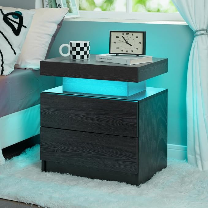 i-aplus LED Night Stand Black Nightstand with 2 Drawers Modern Beside Table for Bedroom Side Bed Table with LED Lights by Unknown