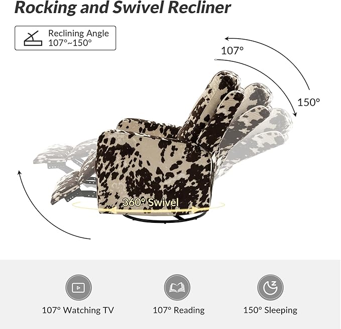 HULALA Home Recliner Chair Modern Printed Fabric for Living Room, Wingback Rocker Recliner Sofa Comfy Armchair 360 Degree Swivel, Nursery Rocking Chairs with Adjustable Backrest & Footrest/Brown