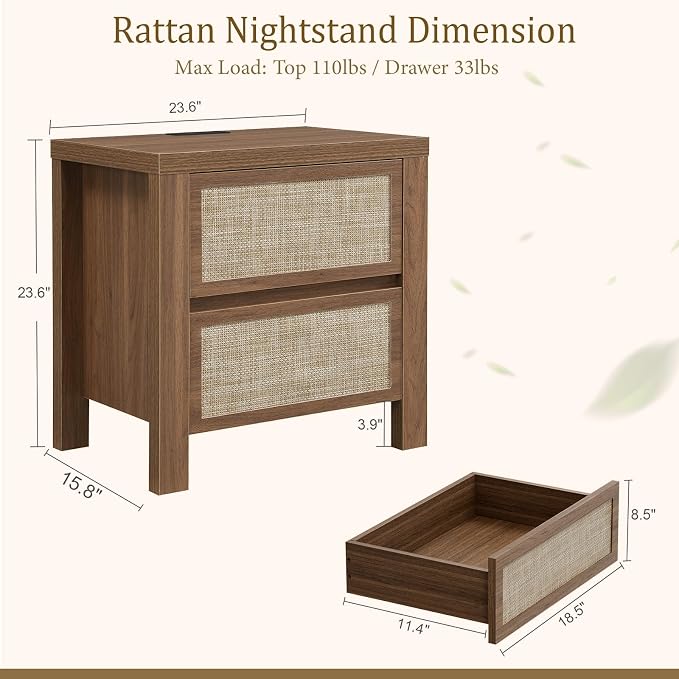 Yechen Rattan Night Stand, Nightstand with Type-C Charging Station, Boho End Tables, Bed Side Tables, 23.6" D x 15.8" W x 23.6" H, 2 Drawers Nightstands for Small Space, Walnut - Image 2