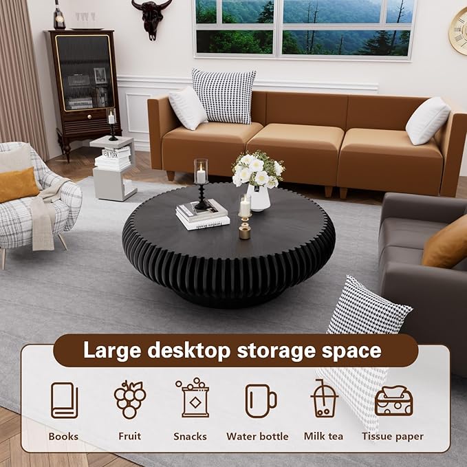 Round Drum Coffee Table Modern Unique Circle Drum Coffee Tables Mid Century Coffee Table with Sturdy Pedestal Fluted Tea Table for Living Room Office Small Space(Black 31.5in)
