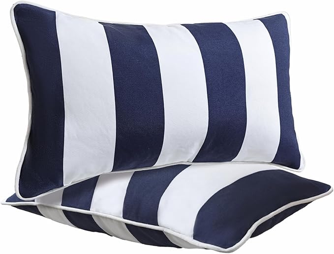 JMGBird Outdoor Lumbar Pillows, Water-Repellent Throw Pillows with Insert, Pack of 2, 12×20 Inch- Add a Pop of Color Outdoors (Blue and White)