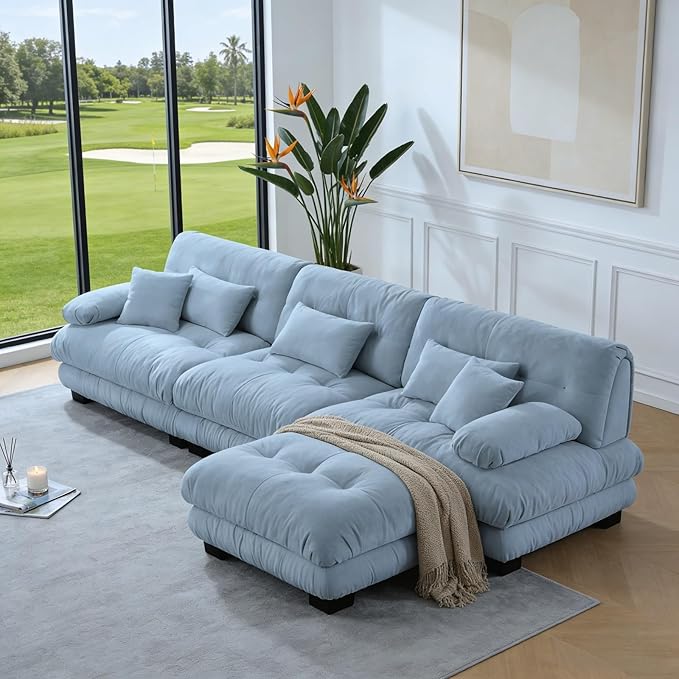 133.8" L-Shaped Cloud Couch, Oversized Modular Sectional Sofa, Deep Seat Cloud Boneless Couch, 3-Seat Modular Sectional Sofa with Ottoman or Living Room,Bedroom and Apartment, Blue