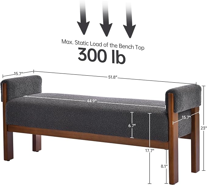 VKNOW End of Bed Bench, 51.8” Modern Upholstered Bedroom Bench Indoor Bench with Arms, Entryway Bench with Solid Wood Frame for Bedroom Living Room, Dark Gray - Image 2