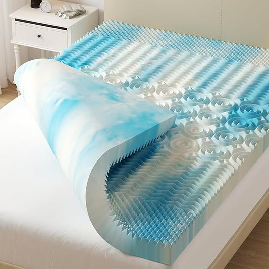 DUMOS 4 Inch Memory Foam Mattress Topper Queen, 5-Zone Cooling Gel Infused Pressure Relief Mattress Pad for Back & Hip Pain, Soft Dorm RV Camping Bed Topper, Blue
