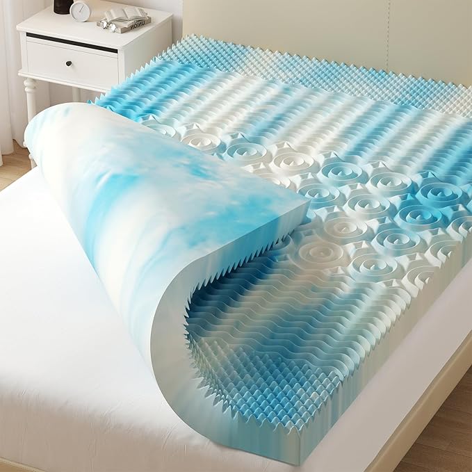 DUMOS 2 Inch Memory Foam Mattress Topper Queen, 5-Zone Cooling Gel Infused Pressure Relief Bed Topper for Back & Hip Pain, Soft Dorm RV Camping Mattress Pad, Blue