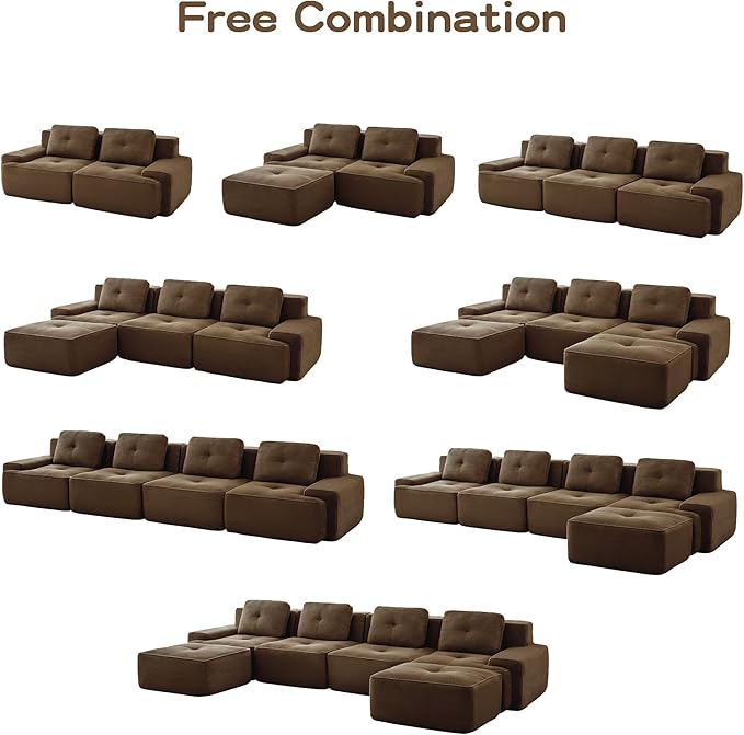 Casaphoria 115'' Brown Corduroy Sofa, Boneless Sectional Couch with 3 Pillows for Modern Living Room, Deep Seat Sofa No Assembly Modular Cloud Couch
