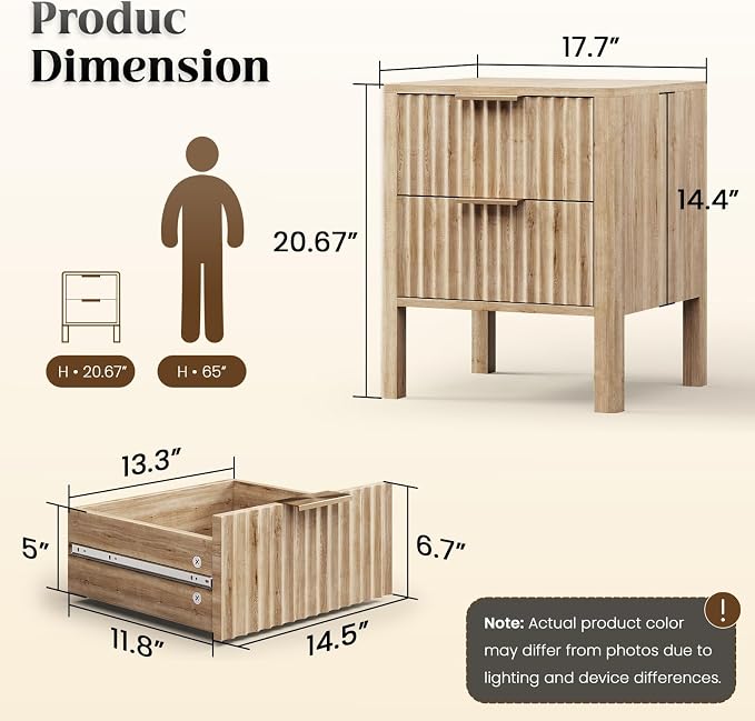 MODNEST 18" Fluted Nightstands Set of 2, Bed Side Tables with Drawers for Bedroom Mid Century Modern Night Stand Wood Nightstand Small End Table Bedroom Set, Oak - Image 2