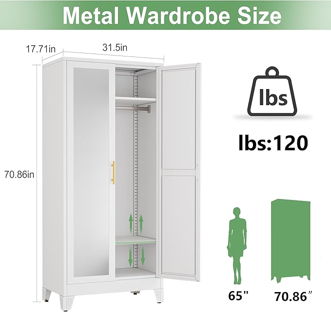 Ckzbx 71" H Metal Armoire Wardrobe Closet with Mirror, Adjustable Shelve, Clothes Drying Pole, Steel Wardrobe Cabinet for Bedroom (White)