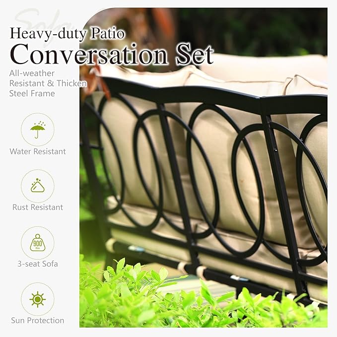 Sophia & William Metal Patio Furniture Set, 5 Seats Outdoor Conversation Set with 3-Seater Sofa, 2 Motion Chairs, 1 Coffee Table for Seating Lawn Porch Backyard,Beige