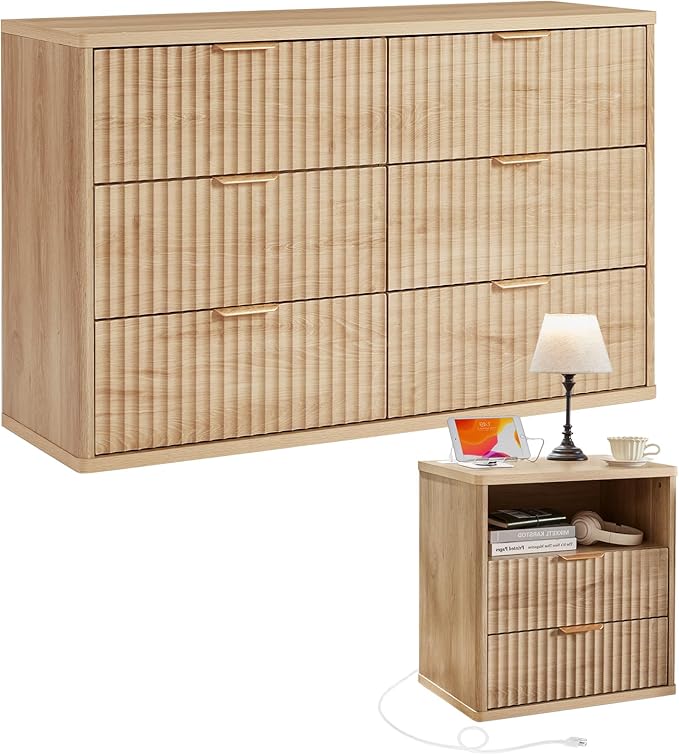 LEYAOYAO Fluted Dresser and Nightstand Sets, Wood 48" Wide Dresser & 23" Night Stand with Charging Station, 2 Piece Bedroom Furniture Set, Chest of Drawers for Bedroom, Home, Living Room, Natural