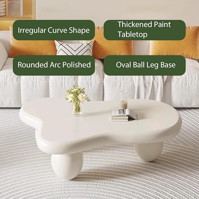 Modern Wooden Coffee Table Cloud Coffee Table Cute Central Living Room Low Table Irregular Indoor End Table White Coffee Tables with 3 Oval Ball Legs for Living Room (White Oval Leg B 39.4 inch)