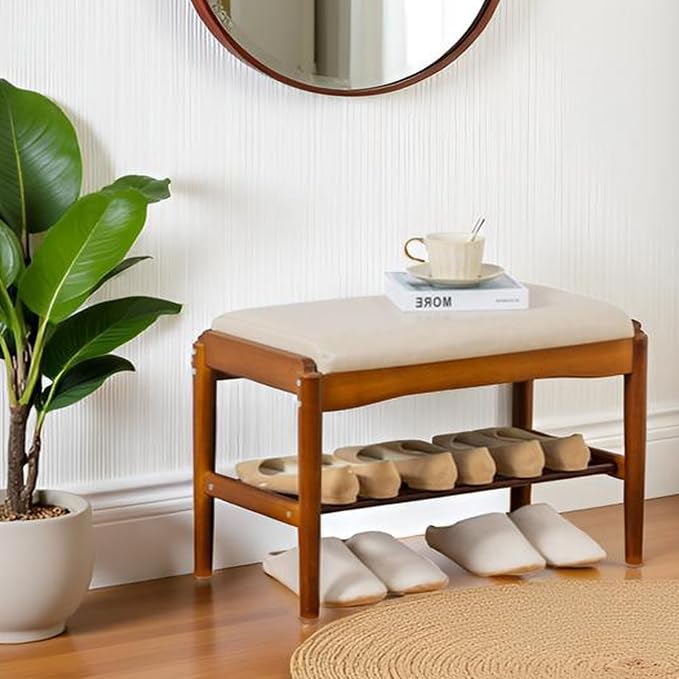 latifolia Small Shoe Bench, Solid Wood Bench with Cushion, 2 Tier Shoe Storage Organizer for Entryway(Walnut,23.62''L) - Image 5
