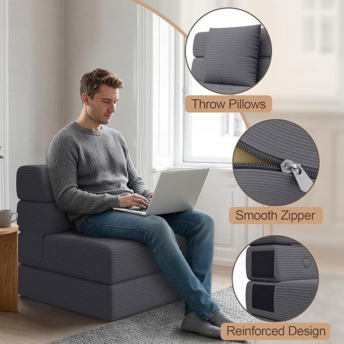 Folding Sofa Bed, Convertible Sleeper Chair & Couch Bed with Pillow, One-Piece High-Density Sponge Mattress, Multi-Purpose Corduroy Floor Sofa for Living Room, Office, Apartment, Grey, Single