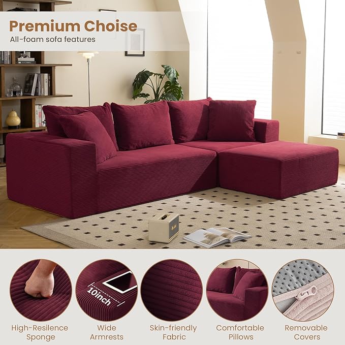 108" L-Shaped Boneless Couch, Modular Sectional Sofa with Moveable Ottoman, Corduroy Cloud Couches for Living Room, No Assembly, Ship in a Box, Red