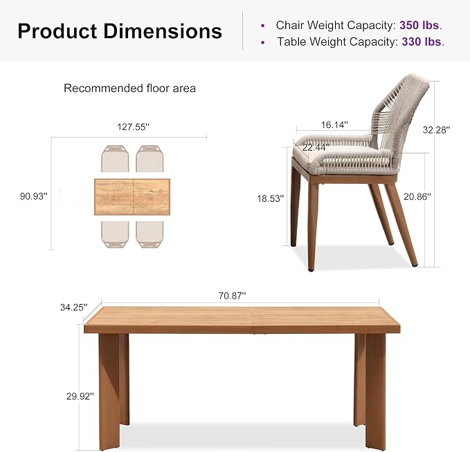 PURPLE LEAF 5 Pieces Dining Set Patio Metal Rectangular Table and Wicker Rattan Chairs for Outside Porch Garden Kitchen Modern Outdoor Furniture Sets - Image 9