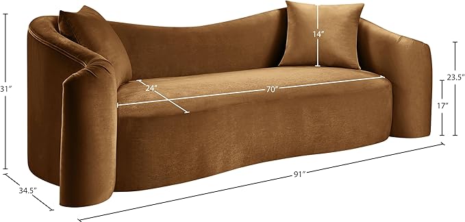 Meridian Furniture 44052Saddle-S Destin Collection Modern | Contemporary Sofa with Ultra Luxe Saddle 460 GSM Velvet, Rich Curves, 91" W x 34.5" D x 31" H, Saddle
