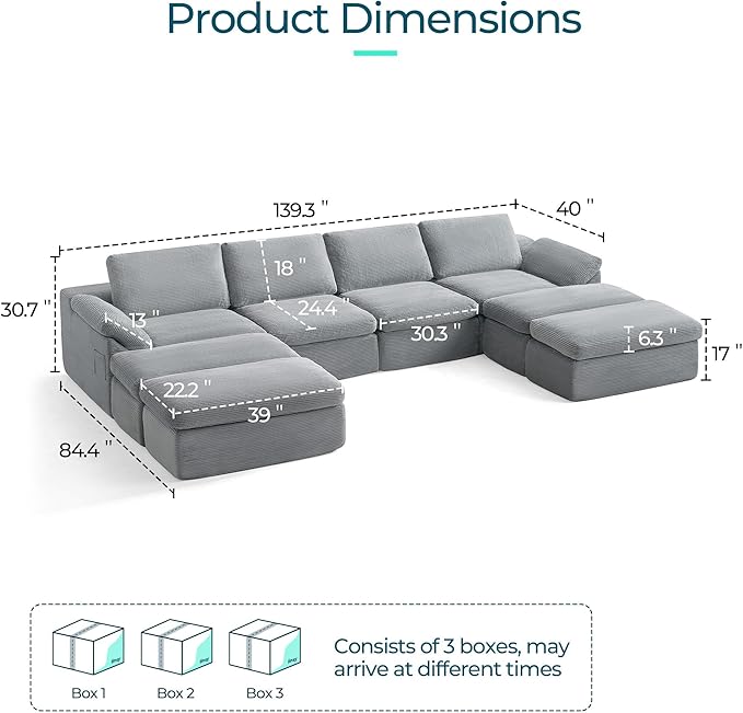LINSY HOME 139" Modular Couch Modern Boneless Cloud Couch, U Shaped Sofa with Movable Ottomans, Deep Seat Corduroy Sectional Couches for Living Room, Apartment, No Assembly Required, Grey