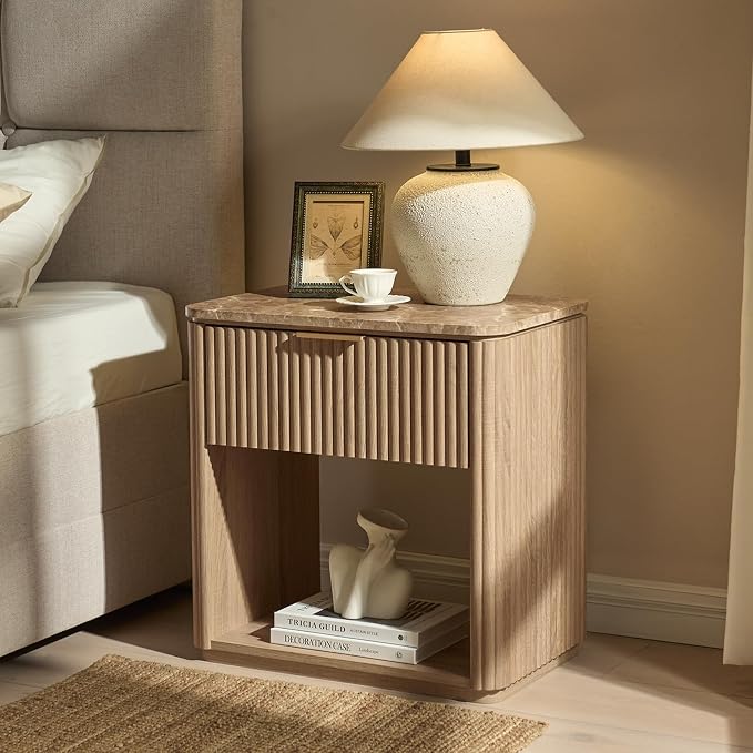 Fluted Nightstand Set of 2, 23" W Night Stand with Drawer, Wood Bed Side Table with Faux Marble-Top, Curved Corner, Metal Handle, Modern Bedside Table for Bedroom, Living Room, Office, Natural Oak - Image 6