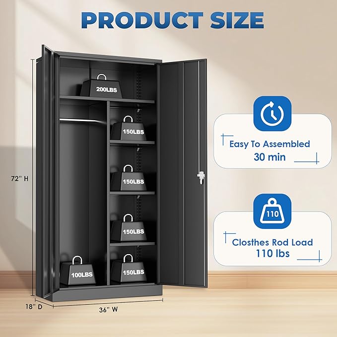 INTERGREAT Metal Wardrobe Cabinets with Lock, 72" Clothing Storage Cabinets with Hanging Rod and 4 Adjustable Shelves, Armoire Wardrobe for Office, School, Employee, Government (Black)