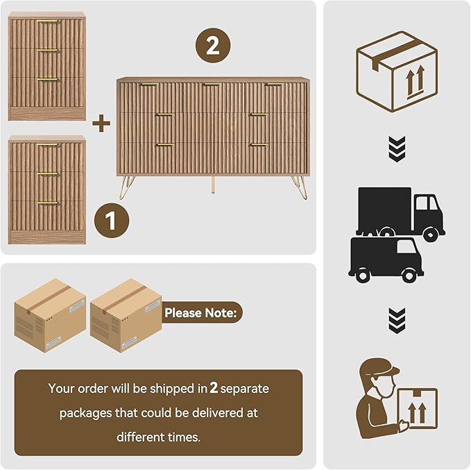 7 Drawer Dresser and Nightstand Sets for Bedroom, 3 Pcs Fluted Bedroom Set，3 Drawer Night Stand Set of 2 & 7 Drawer Dresser with Golden Handles, Wood Chest of Drawers Cabinet Set, Natural Oak