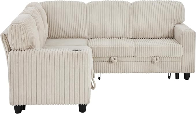 ERYE L-Shaped Symmetrical Sleeper Sectional Sofa W/Pull Out Sleeper Couch Bed and Storage Seat for Living Room, Corduroy Tufted Corner Convertible Sofa Bed with USB-C Ports