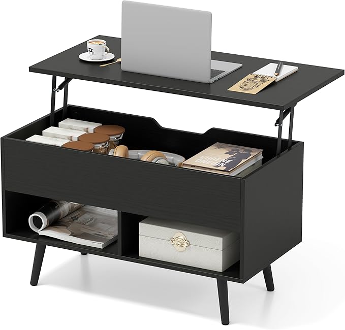Tangkula Lift Top Coffee Table, Modern Cocktail Table with Hidden Compartment & 2 Open Shelves, Flip Top Center Table, Wooden Pull up Coffee Table for Living Room, Reception Room, Office (Black)