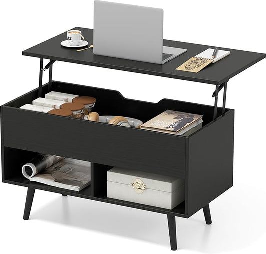 Tangkula Lift Top Coffee Table, Modern Cocktail Table with Hidden Compartment & 2 Open Shelves, Flip Top Center Table, Wooden Pull up Coffee Table for Living Room, Reception Room, Office (Black)