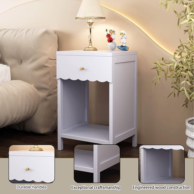 26“ Modern White Nightstand with Drawer and Open Shelf, Scalloped Edge Bedside Table for Bedroom, Cute Minimalist Side Table for Girls' Room (Light Purple) - Image 3