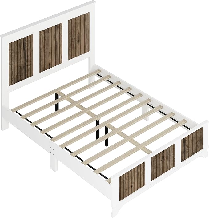 Farmhouse 4-Pieces Bedroom Sets,Queen Size Platform Bed with 2 Storage Nightst and 6-Drawer Dresser with Metal Handle,4 Piece Bedroom Furniture Set with Wooden Strip Stickers Decoration,White