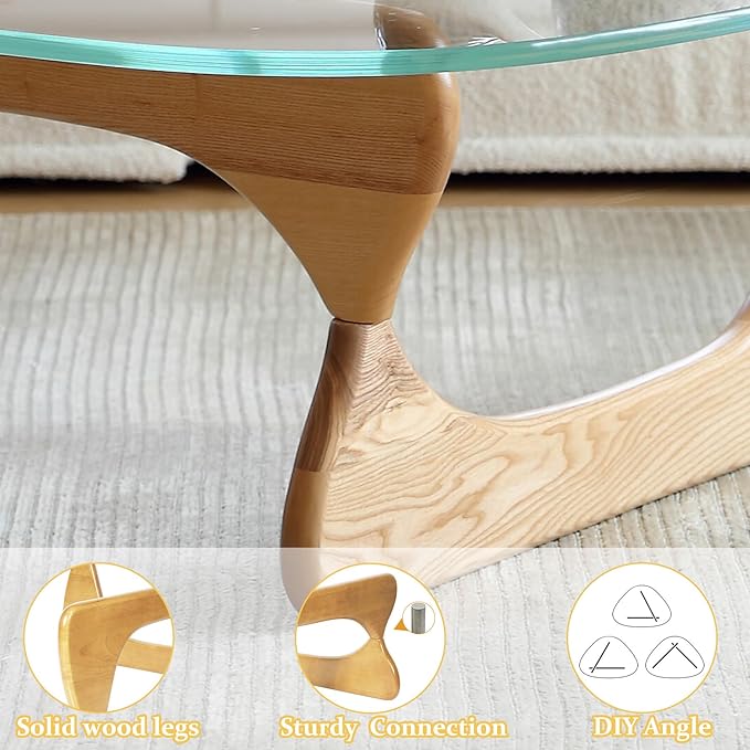 Modern Large Glass Triangle Coffee Table - Unique Wooden Center Table with Wood Legs, Funky Vintage Minimalist Design for Small Spaces