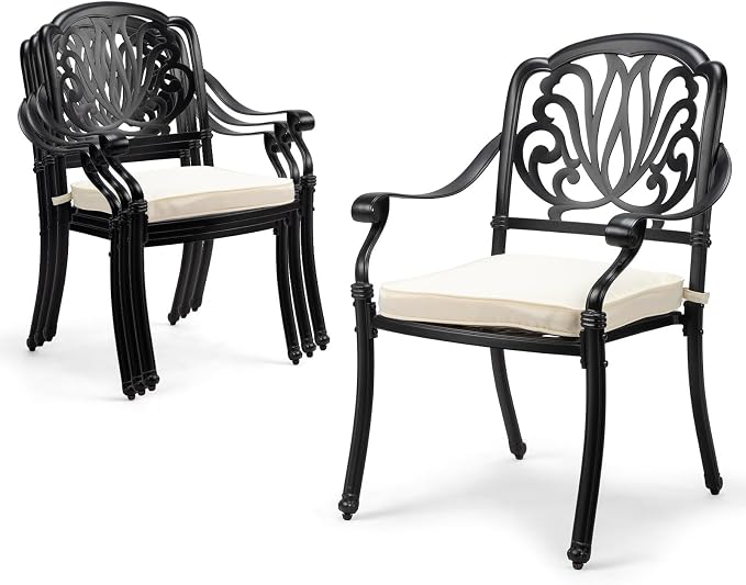 VINGLI Patio Chairs Set of 4 - Stackable Outdoor Cast Aluminum Dining Chairs with Vintage Black Finish and Floral Pattern, Metal Armchairs for Poolside, Backyard, Balcony (with Cushion) by VINGLI