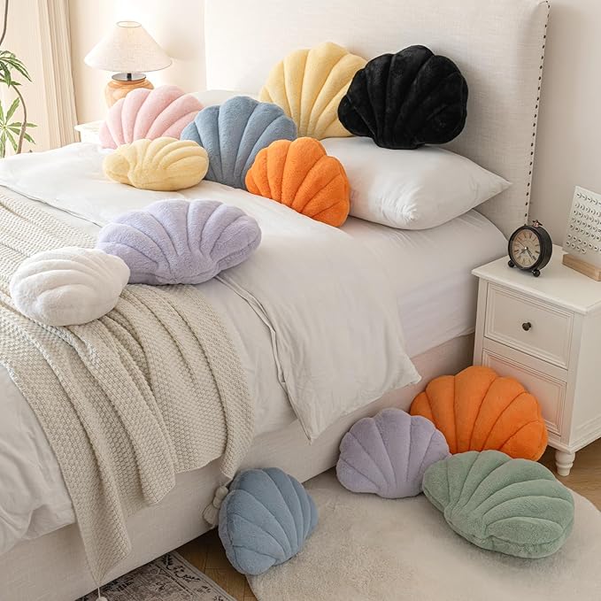 Shell Pillow, Seashell Throw Pillow with Soft Rabbit Plush for Couch Bed, Shell Shaped Decorative Ocean Pillow Stylish Beach Cushion Room Aesthetic Home Decor (Orange, 14 X 11 Inches)