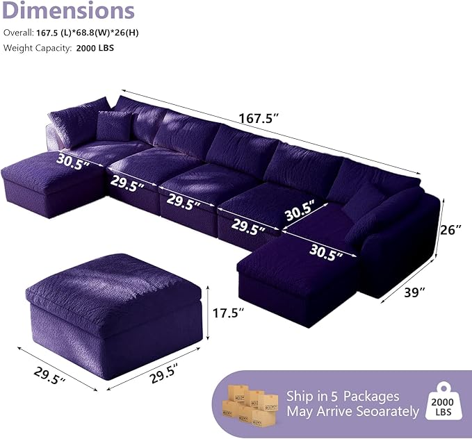 Modular Sectional Sofa Boneless Cloud Couch for Living Room, L Shape Deep Seat Recliner Sofa with Ottoman, Adjustable Backrest & 2 Throw Pillows - Covers Washable, (Purple, 5 Seater+1 Ottoman)