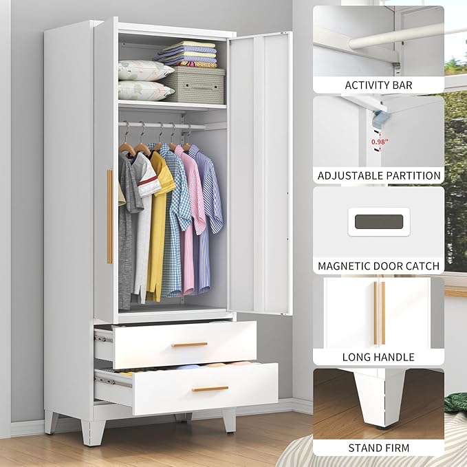 75.3" Tall Metal Armoire Wardrobe Closet with 2 Doors and 2 Drawers, Adjustable Hanging Rod and Adjustable Shelf, Freestanding Storage Cabinet Organizer for Bedroom, Office, Laundry Room，White
