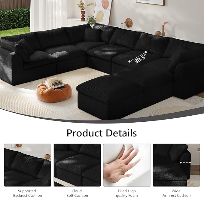 Modular Sectional Sofa Boneless Cloud Couch for Living Room, U Shape Deep Seat Recliner Sofa with Ottoman, Adjustable Backrest & 2 Throw Pillows - Covers Washable, (Black, 6 Seater+2 Ottoman)
