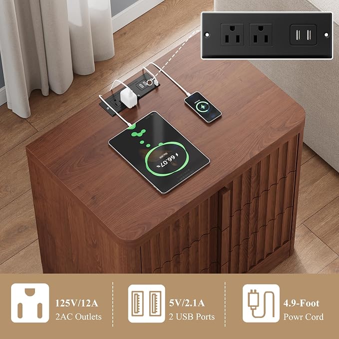 YANSNWO 23.6" Nightstand Set of 2 with Charging Station, Bedside Table with 3 Storage Drawers, Mid Century Modern Night Stand with Solid Wood Handle, End Table for Bedroom, Living Room, Walnut - Image 6
