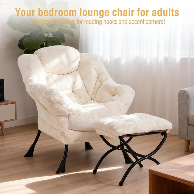Furlide Lazy Chair with Ottoman, Modern Accent Chair with Armrests and a Side Pocket, Plush Beige Accent Chairs, Reading Chairs, Oversized Armchairs for Bedroom, Study, Living Room, Courtyard