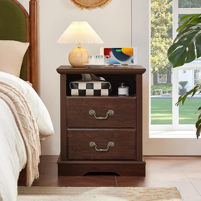 Farmhouse Nightstands Set of 2 with Charger Station, 2 Drawers Night Stand with Storage Shelf, Rustic Brown 18" Wide Wood Bedside Table, Bed Side End Tables for Bedroom, Living Room,Walnut - Image 5
