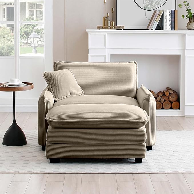 KEIKI 46" Oversized Corduroy Modular Sectional Single Sofa with 1 Ottoman, High-Density Foam Cushions, Removable Armrest, Upholstered 1-Seater Lounge Accent Chair with 1 Pillow, for Living Room, Tan