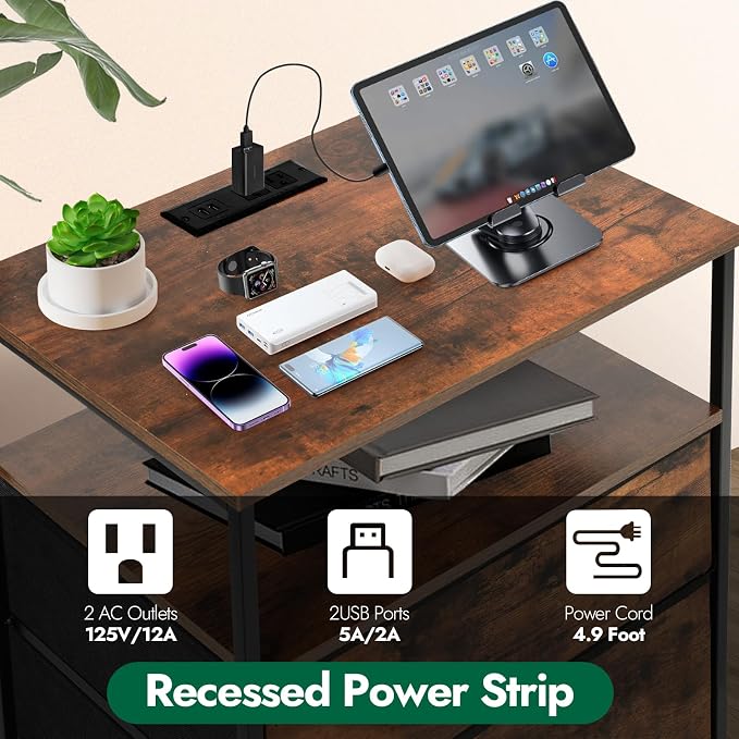 3 Drawers Dresser with Charging Station, 24 Inch Wide LED Night Stand Set 2 with Adjustable Fabric Drawer, Nightstand with Storage Shelf for Living Room/Bedroom/Office, Rustic Brown. - Image 6