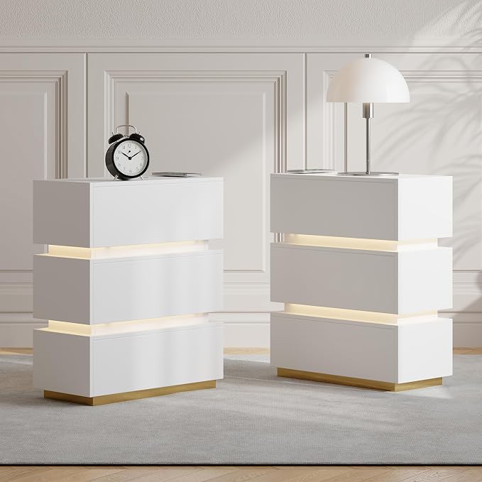 homary Narrow Smart Nightstand with Wireless Charging, USB & Type-C Ports, Modern LED Bedside Table with 3 Drawers, White Nightstand with Storage for Bedroom by Homary