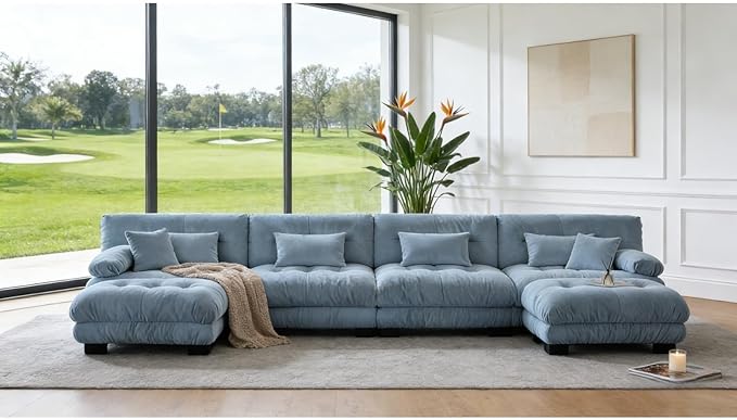 173.2" U-Shaped Cloud Couch, Oversized Modular Sectional Sofa, Deep Seat Cloud Boneless Couch, 4-Seat Modular Sectional Sofa with 2 Ottoman or Living Room,Bedroom and Apartment, Blue