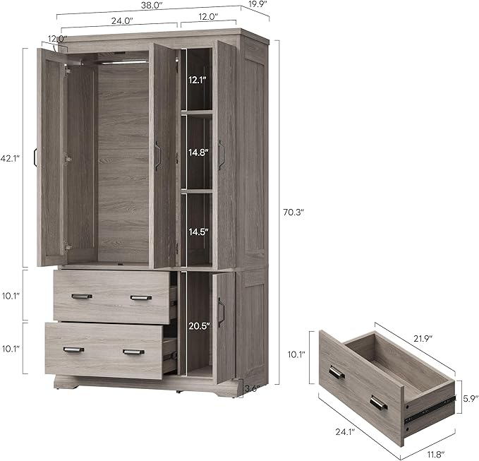 LIKIMIO Wardrobe Closet, 70" Tall 4 Doors Large Wooden Closet with 2 Drawers, 3 Shelves Bedroom Armoire with Hanging Rod, Freestanding Storage Cabinet for Hanging Clothes, Grey