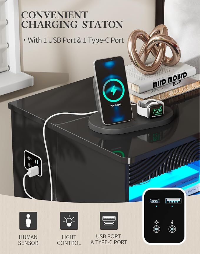 Modern Nightstand Set 2 with Gun Drawer, Bedside Table with 3-Color LED Lights & Human Sensor, Smart Night Stands with Charger Station, 2 Drawers End Table for Bedroom, Black - Image 4